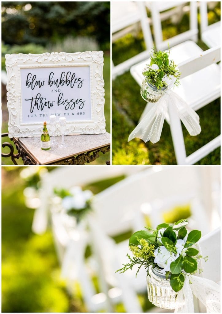 FEAST at Roundhill wedding outdoor ceremony details collage with bubble favors and florals in a jar in the aisle