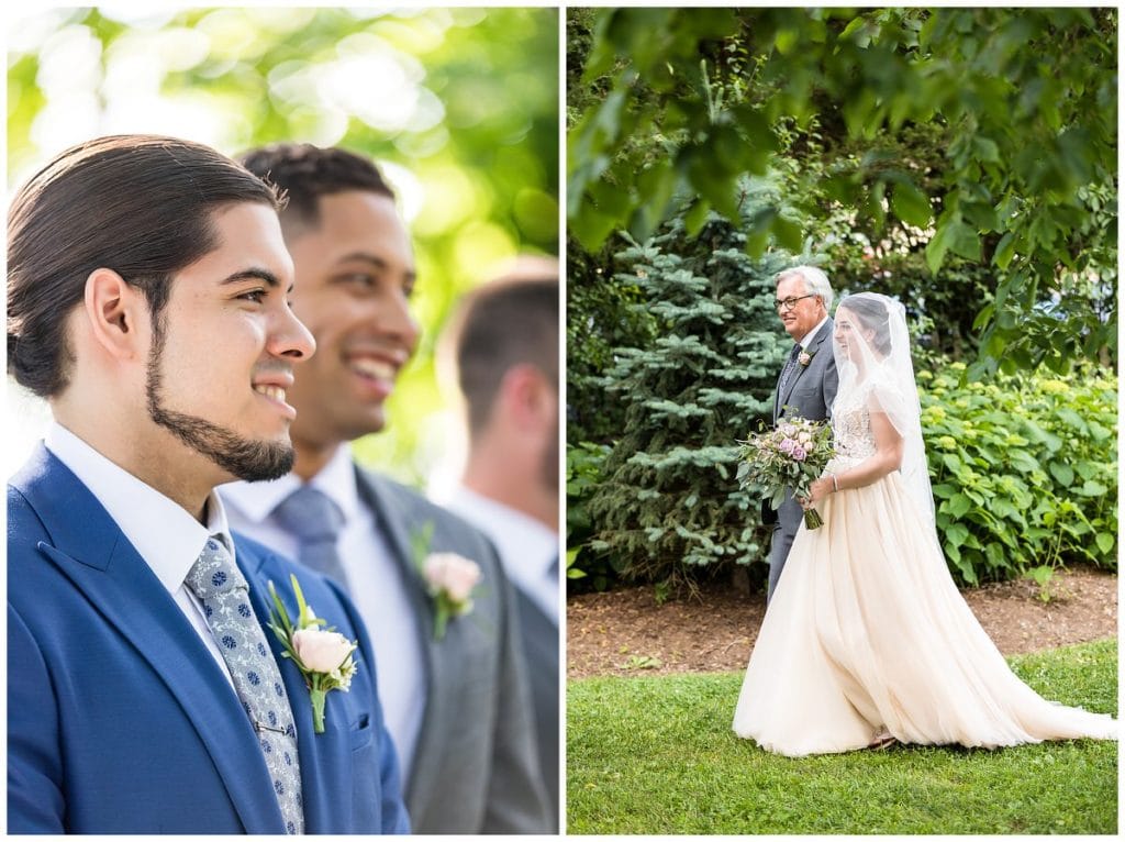 Groom watching as bride walks down the aisle at FEAST at Roundhill outdoor wedding ceremony