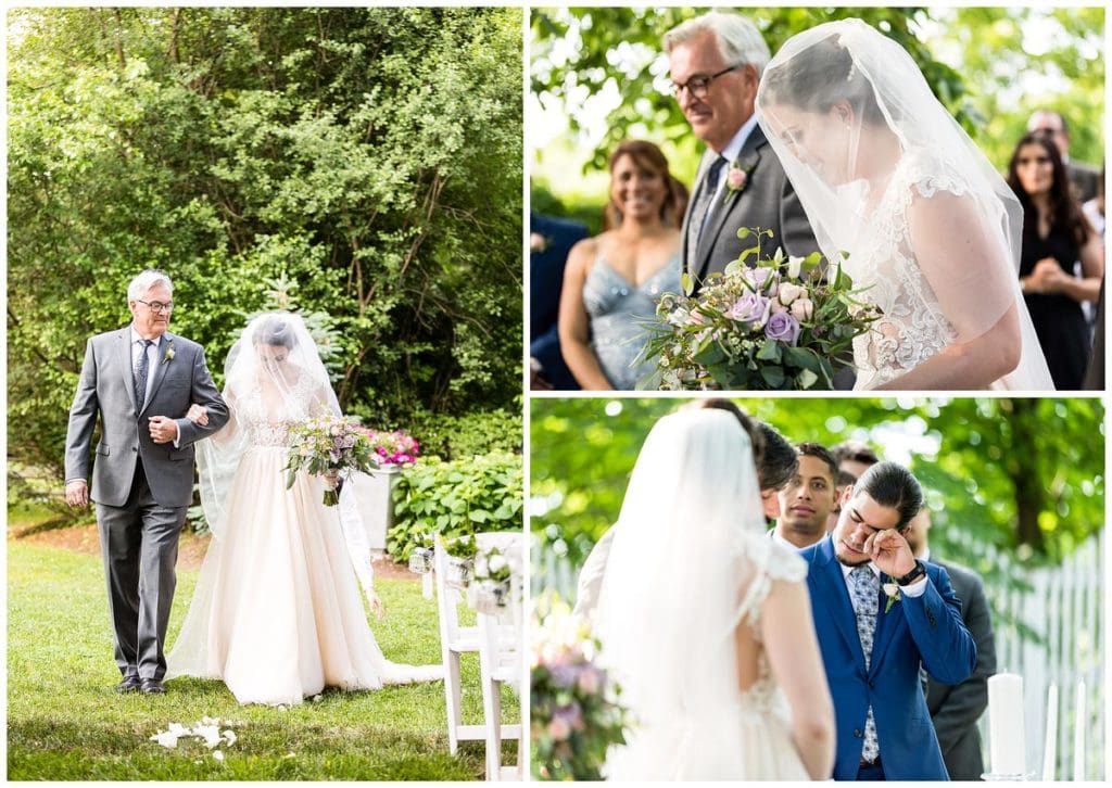 Father of the bride looking at bride as they walk down the aisle and groom wiping away tear collage at FEAST at Roundhill outdoor wedding ceremony