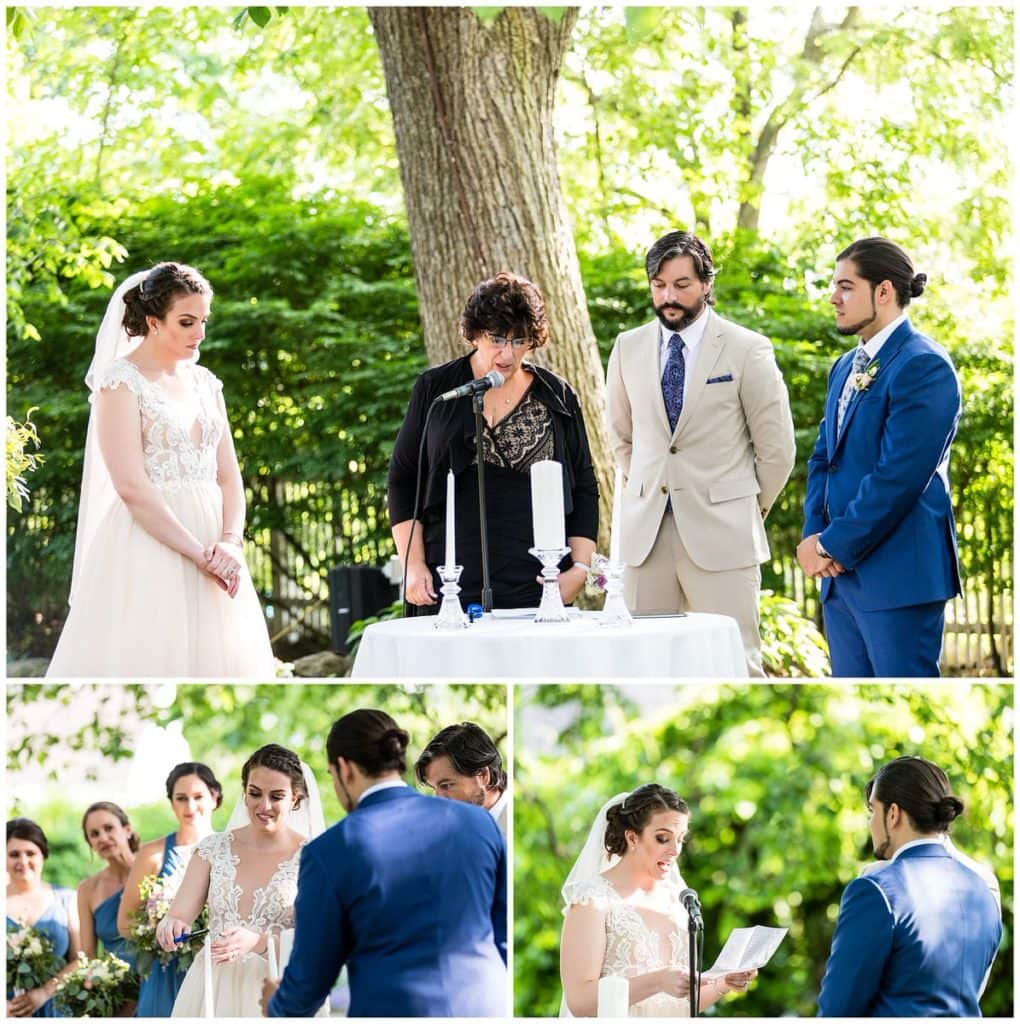 Bride and groom light candles and read vows at FEAST at Roundhill outdoor wedding ceremony