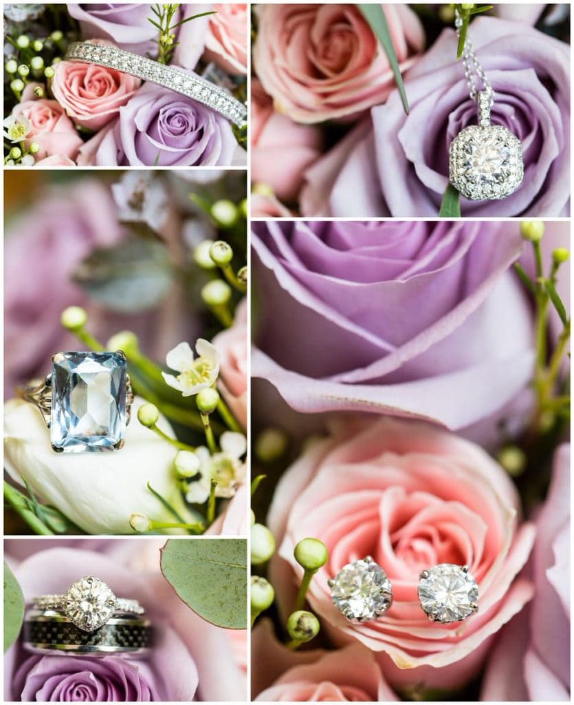 Wedding jewelry in pink and purple florals collage with bracelet, necklace, earrings, blue stone ring, and wedding rings