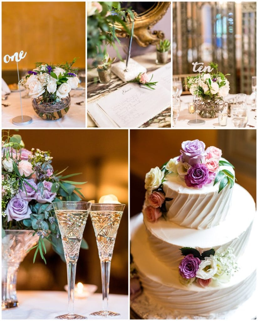 FEAST at Roundhill wedding reception detail collage with floral centerpieces and cursive table signs, bride and groom champagne glasses, guest book, and wedding cake with pink and purple roses