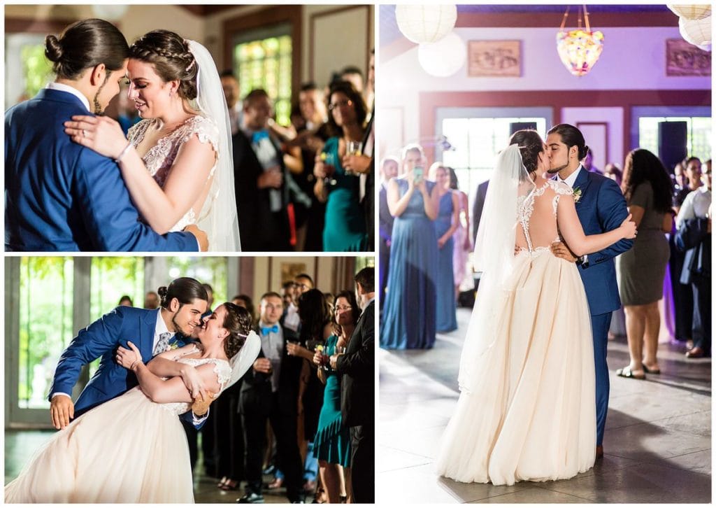 Bride and groom kiss and dip during first dance at FEAST at Roundhill wedding reception