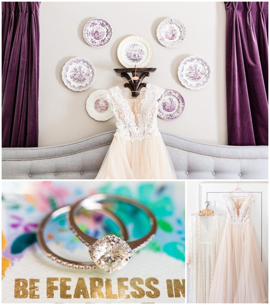 Cream lace and tulle wedding gown hanging with purple china and lace robe with wedding and engagement ring detail collage
