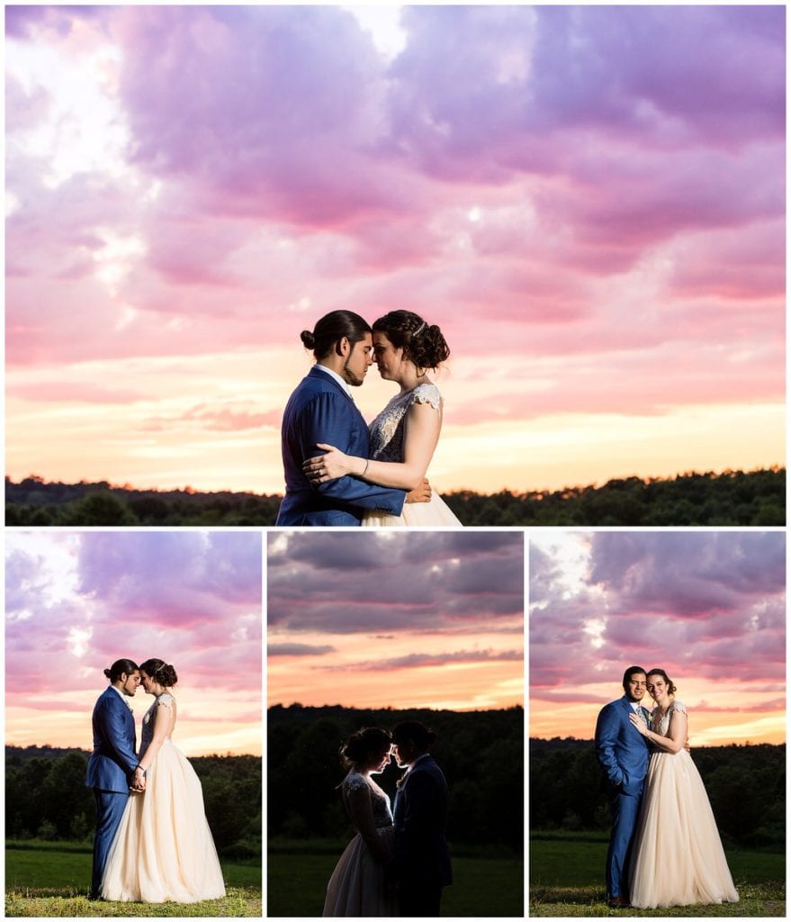 Bride and groom portrait collage under purple and pink sunset at FEAST at Roundhill wedding reception