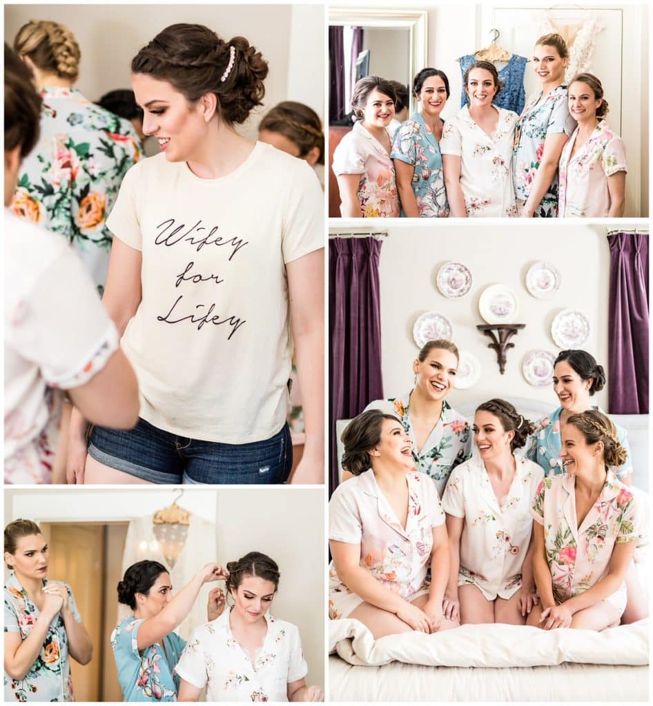 Bride in "wifey for lifey" t-shirt with bridesmaids fixing her hair and bridesmaids in floral pajamas sitting on bed collage