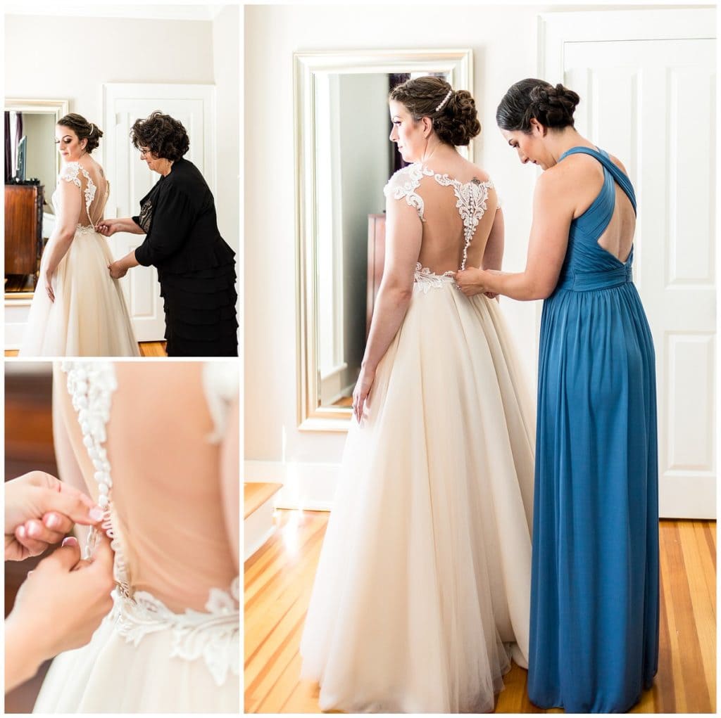 Mother of bride and bridesmaid buttoning brides dress collage