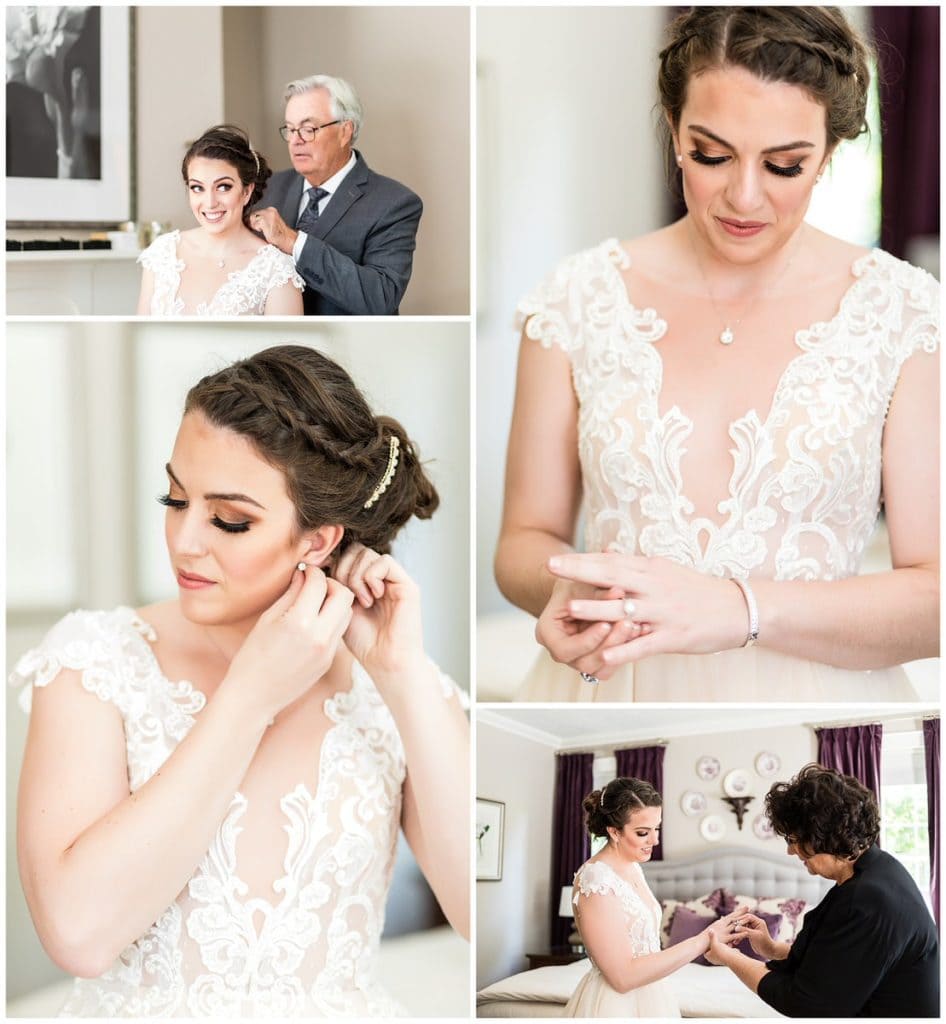 Father of the bride helping bride put on a necklace, mother of the bride putting ring on bride, and bride putting on jewelry collage