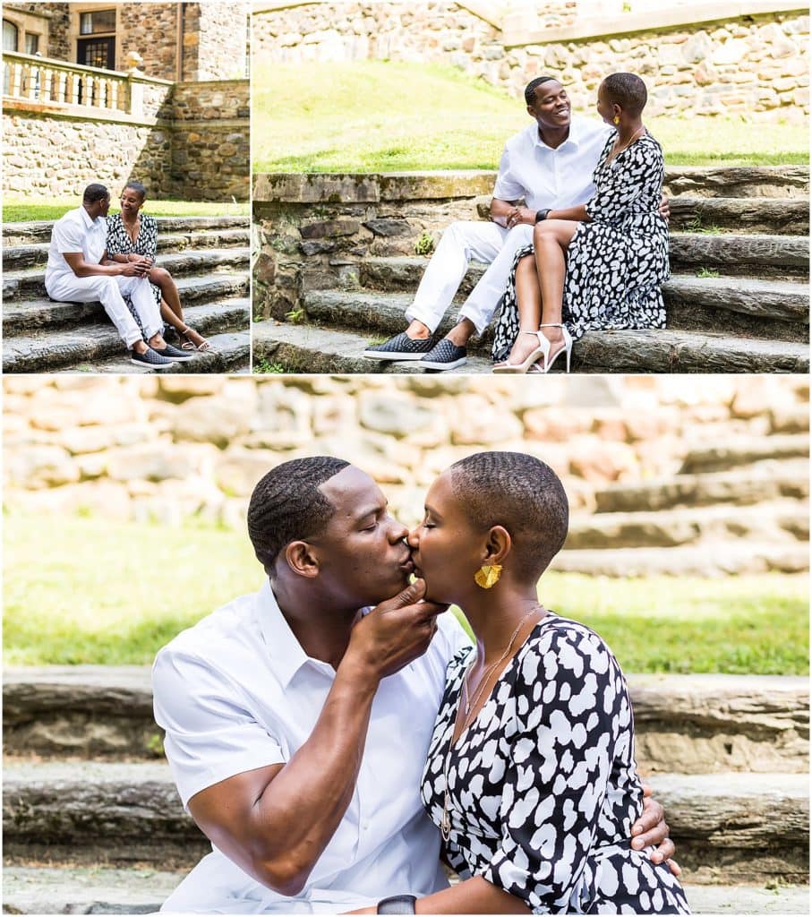 Couple sitting and kissing portrait collage on stone steps at Hunting Hill Mansion at Ridley Creek State Park engagement session