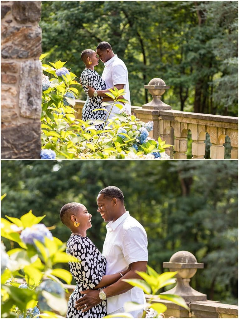 Couple laughing and embracing portrait collage at Hunting Hill Mansion at Ridley Creek State Park engagement session
