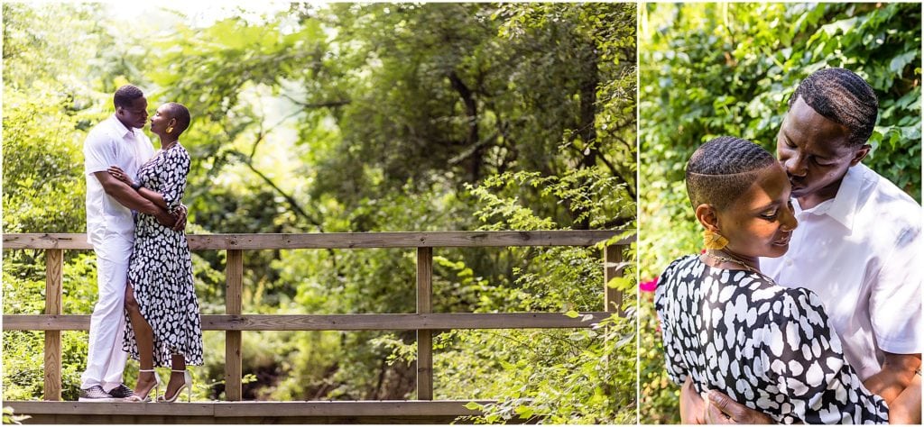 Traditional engagement portraits on wooden bridge at Ridley Creek State Park