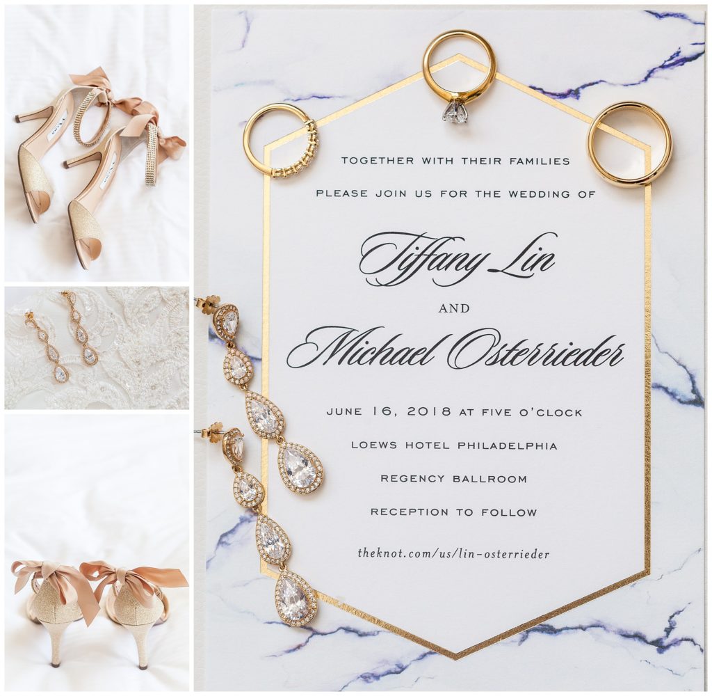 Gold and blue marble wedding invitation suite with gold bridal jewelry, shoes, and wedding rings