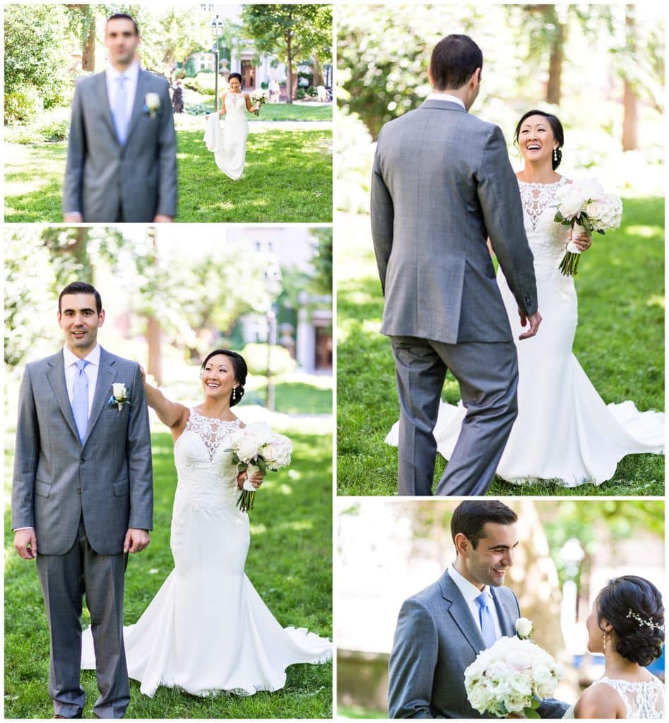 Bride and groom first look collage in Philadelphia park