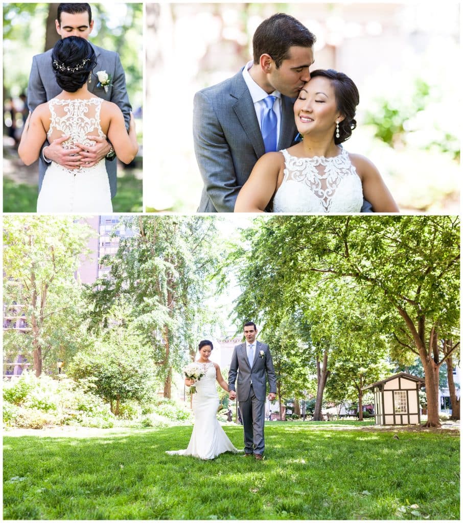 Bride and groom wedding portrait collage in Philadelphia park with groom kissing bride on forehead and bride and groom walking through park