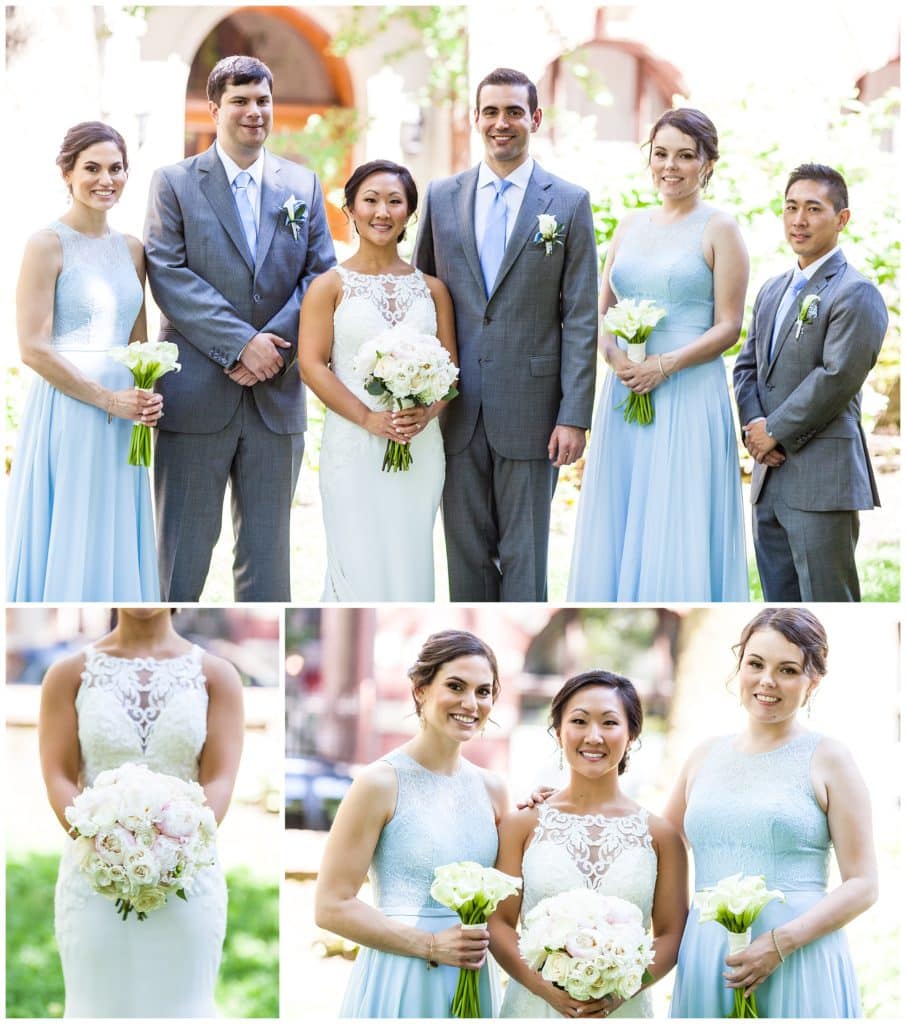 Small wedding party portrait collage with bridal party and bride holding white rose bouquet
