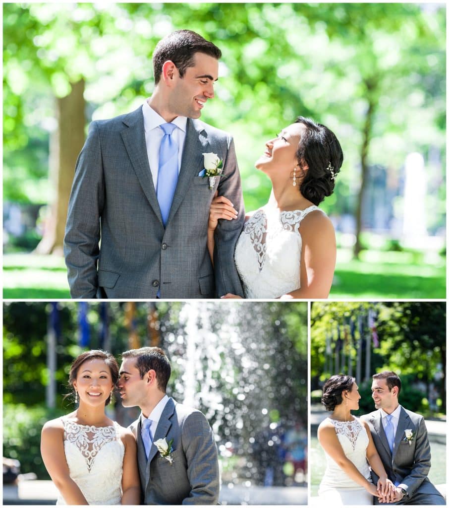 Bride and groom portrait collage in front of fountain in Philadelphia wedding