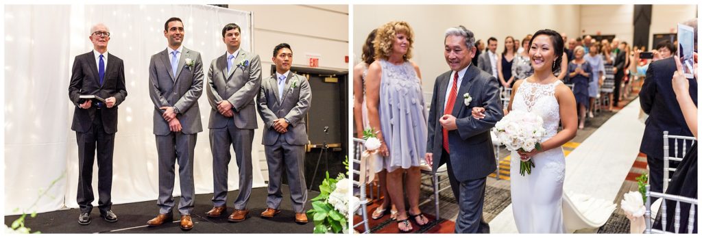 Groom watches as bride walks down aisle with her father at Loews Philadelphia wedding ceremony