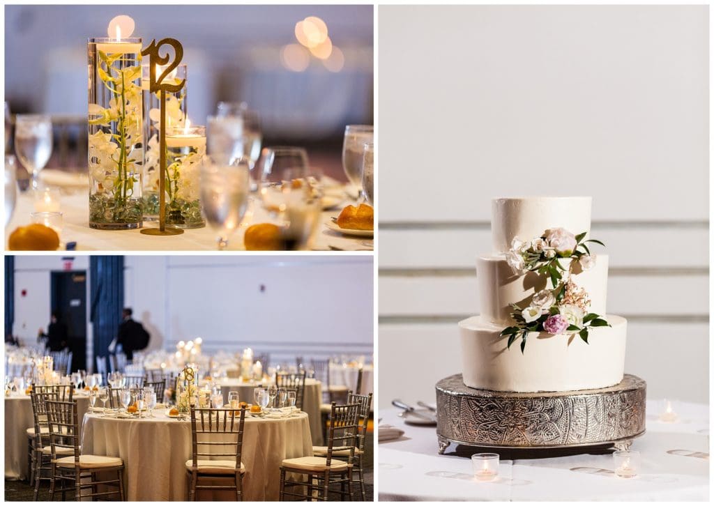 Loews Philadelphia wedding reception details with water candle centerpieces and simple wedding cake with florals