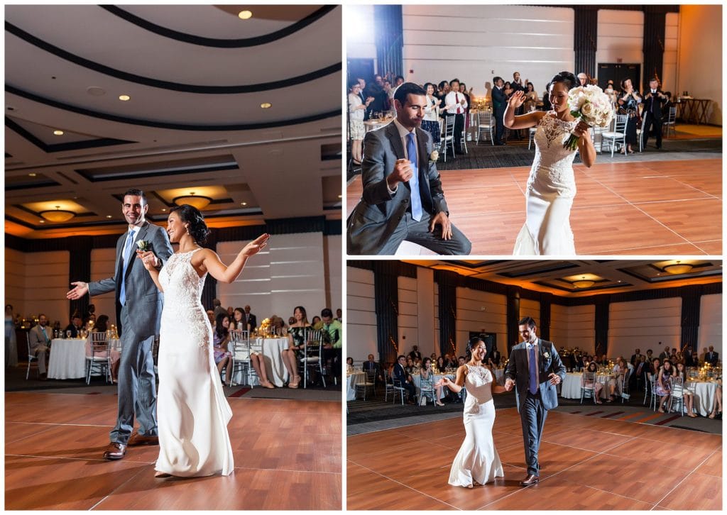 Bride and groom entrance and fun first dance at Loews Philadelphia wedding reception
