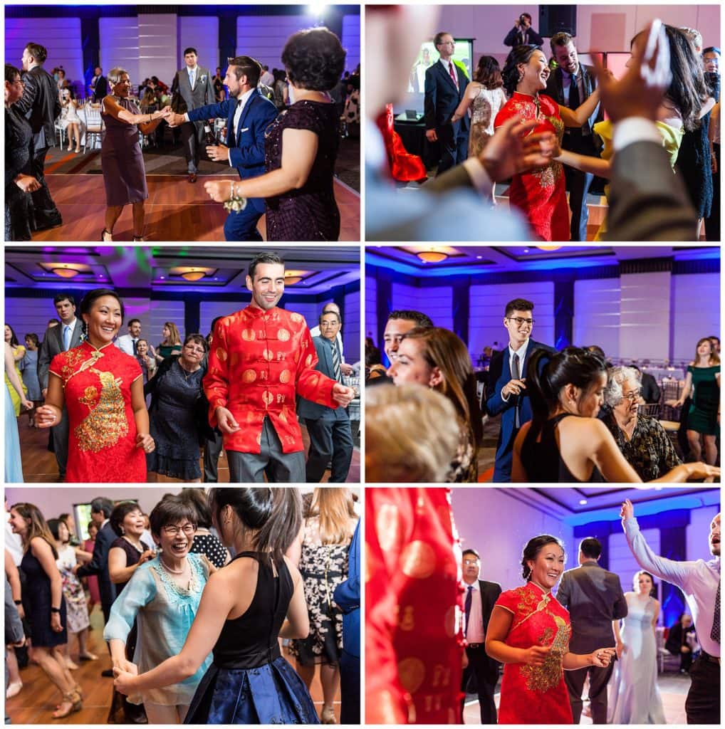 Bride and groom dance with guests and dance floor collage at Loews Philadelphia wedding reception