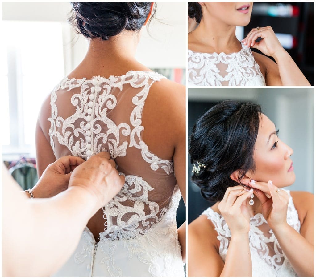 Bride having lace back dress buttoned and putting on earrings portrait collage