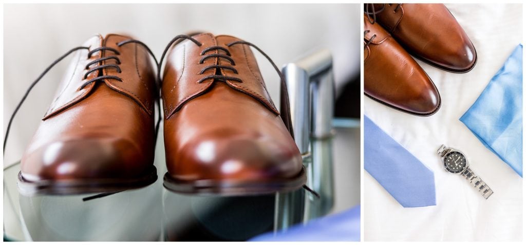 Grooms wedding shoes, tie, pocket square, and watch detail collage