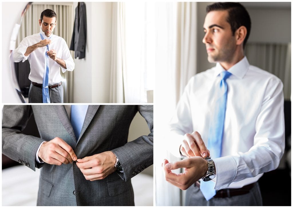 Traditional window lit groom getting ready portrait collage with groom tying blue tie, putting on watch, and buttoning jacket