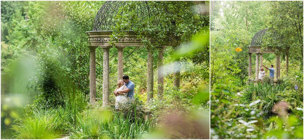 Couple dancing under gazebo in green filled garden space at Longwood Gardens engagement session