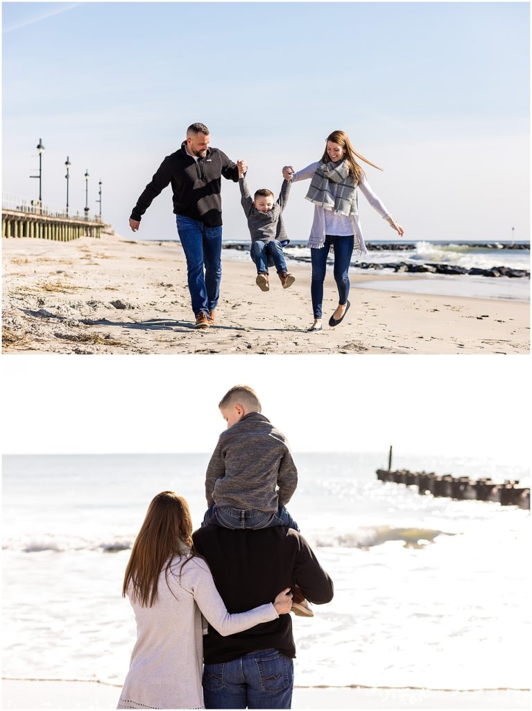 Parents swinging son and son on dads shoulders at engagement session in Ocean City New Jersey beach