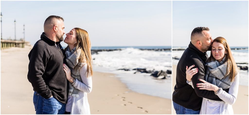Traditional couple kissing portrait at Ocean City New Jersey beach engagement session