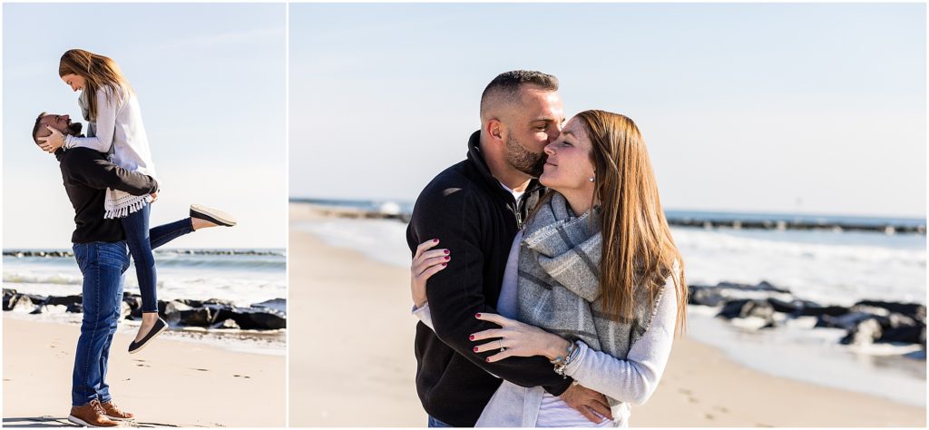 Groom lifting bride and kissing her from behind engagement portrait collage on Ocean City New Jersey beach