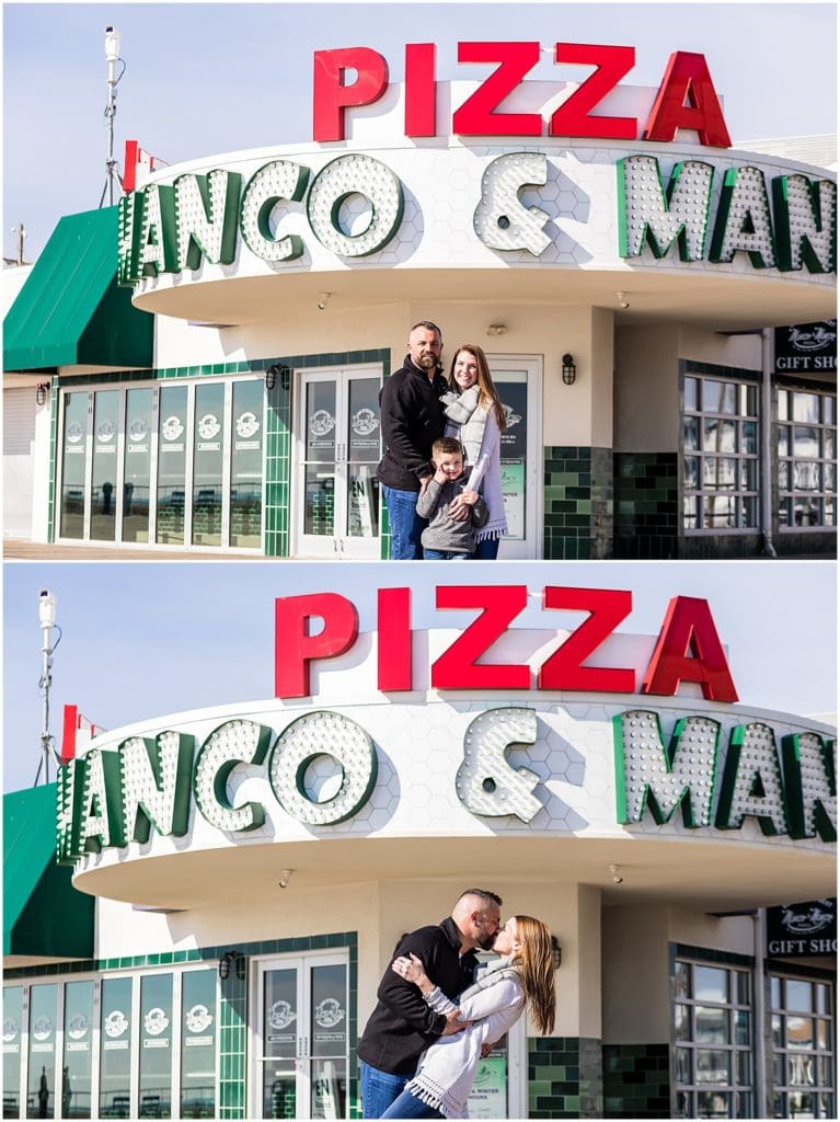 Traditional family portrait and dipping kiss portrait outside Manco & Manco Pizza on Ocean City New Jersey Boardwalk engagement session
