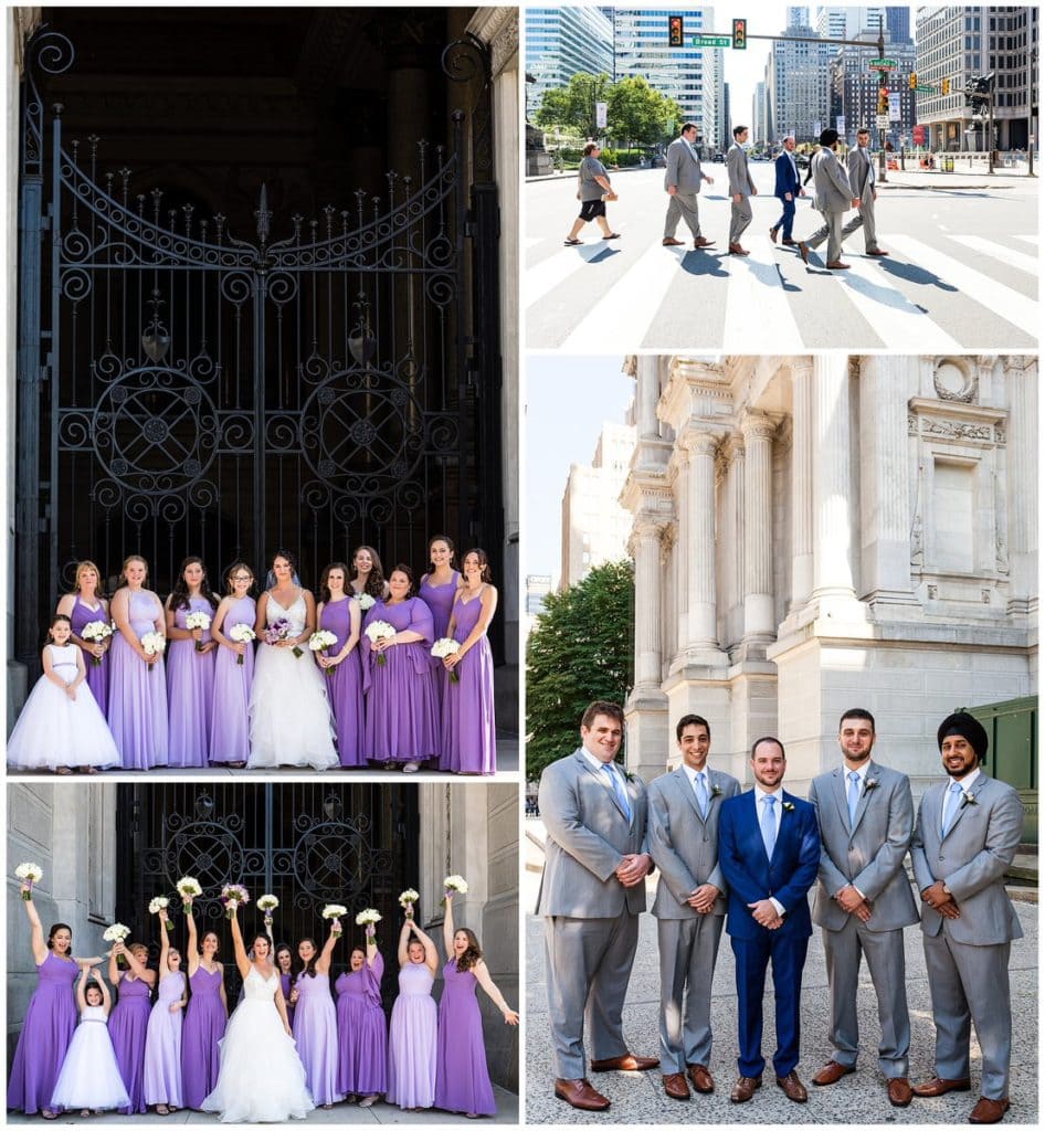 Bridesmaids and groomsmen portrait collage at Philadelphia City Hall