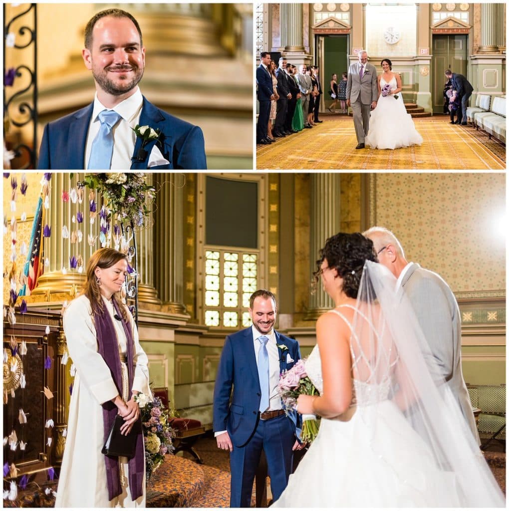 Groom watching bride walk down aisle at One North Broad wedding ceremony