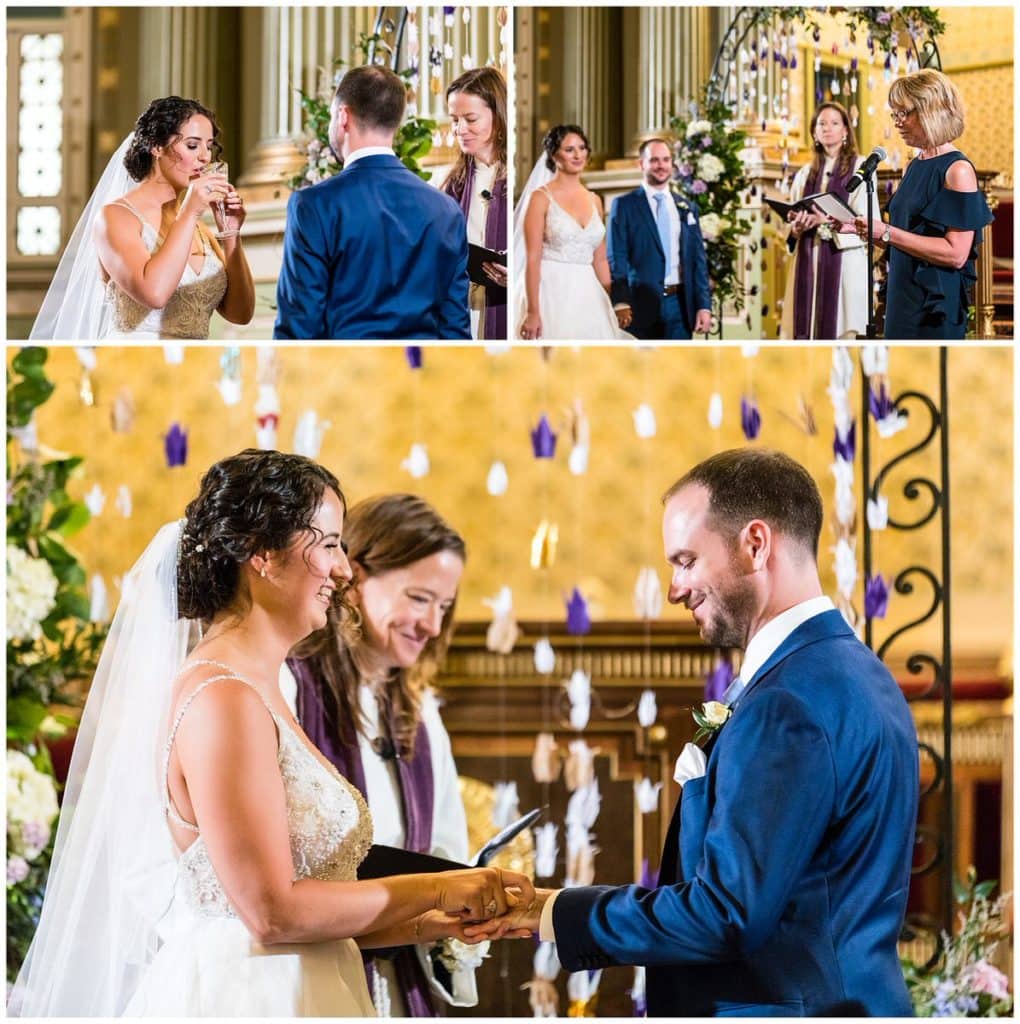 Bride and groom share wine, read vows, and exchange rings during wedding ceremony at One North Broad