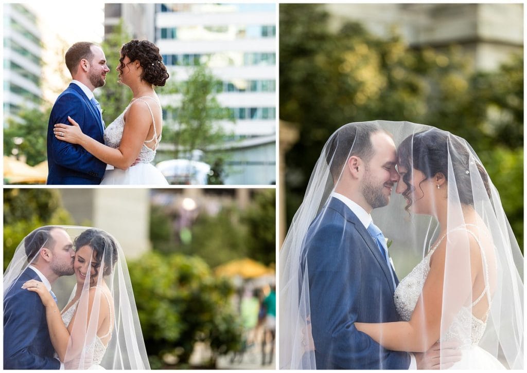 Bride and groom kiss under veil collage at Philadelphia City Hall
