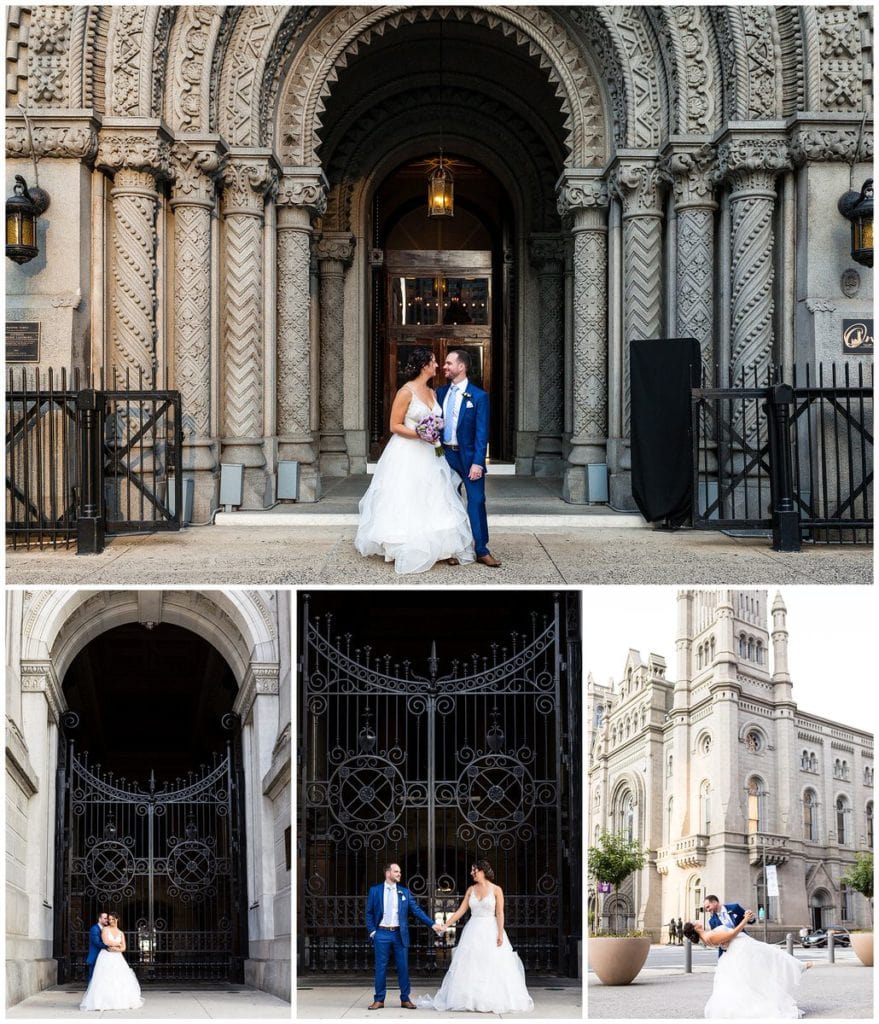 Bride and groom portrait collage at Philadelphia City Hall with groom dipping bride, bride and groom holding hands and holding each other