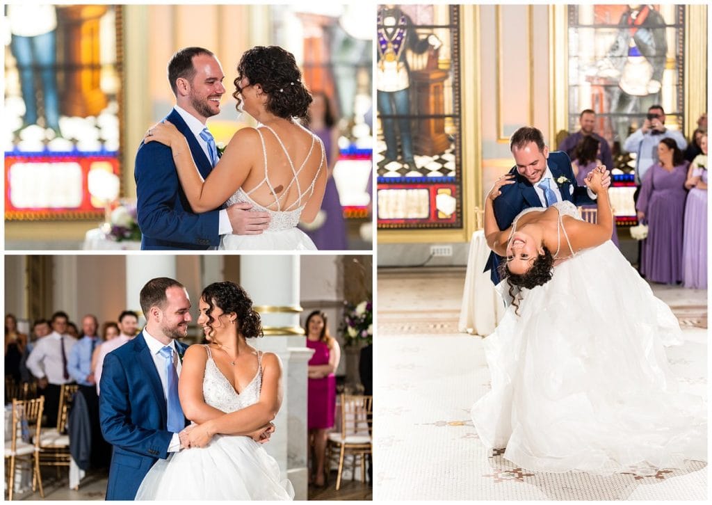 Bride and groom first dance collage with groom dipping bride at One North Broad wedding reception