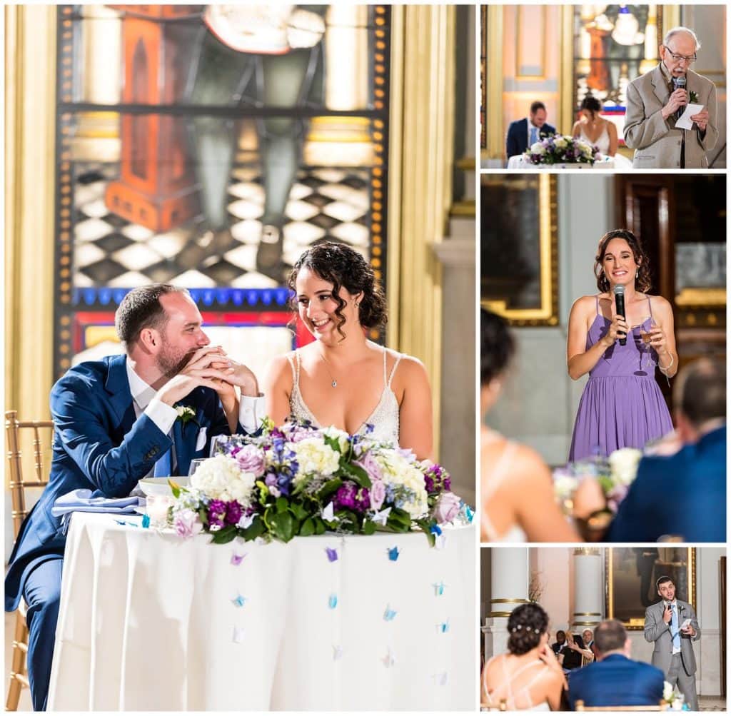 Bride and groom listen to speeches and toasts from father, maid of honor, and best man at One North Broad wedding reception