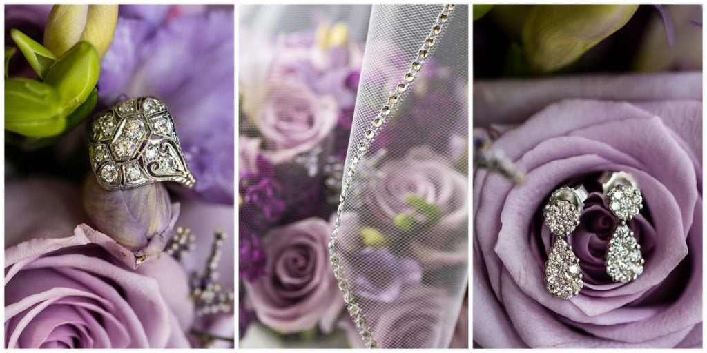 Bridal jewelry in purple floral collage with veil detail