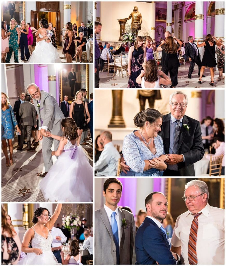 One North Broad wedding reception dance floor collage with bride and groom dancing with guests, flower girl twirling around, and parents of the bride dancing