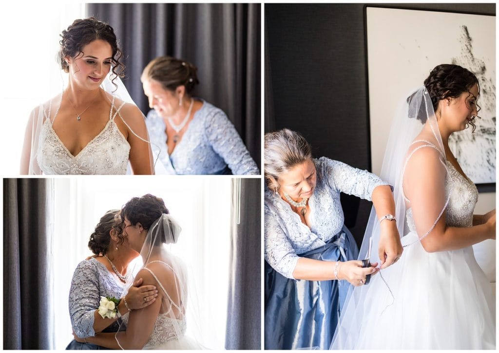 Mother of the bride helping bride into gown and kissing her on the cheek collage at Le Meridien Philadelphia