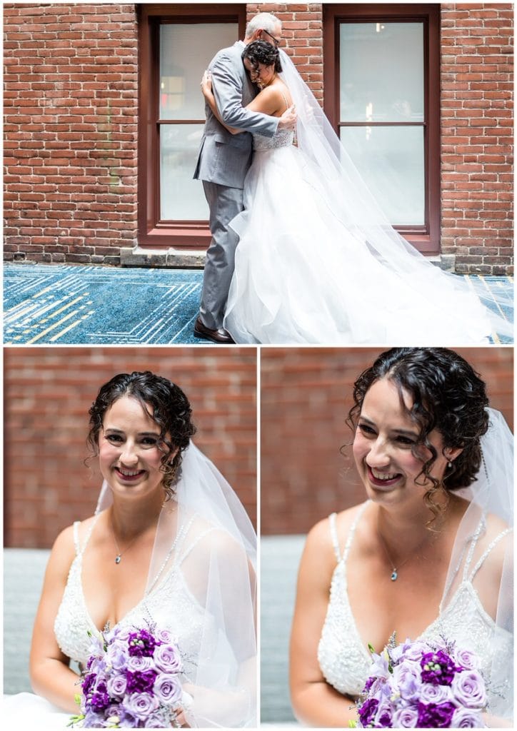 Bride hugs father after first look and traditional bridal portrait collage