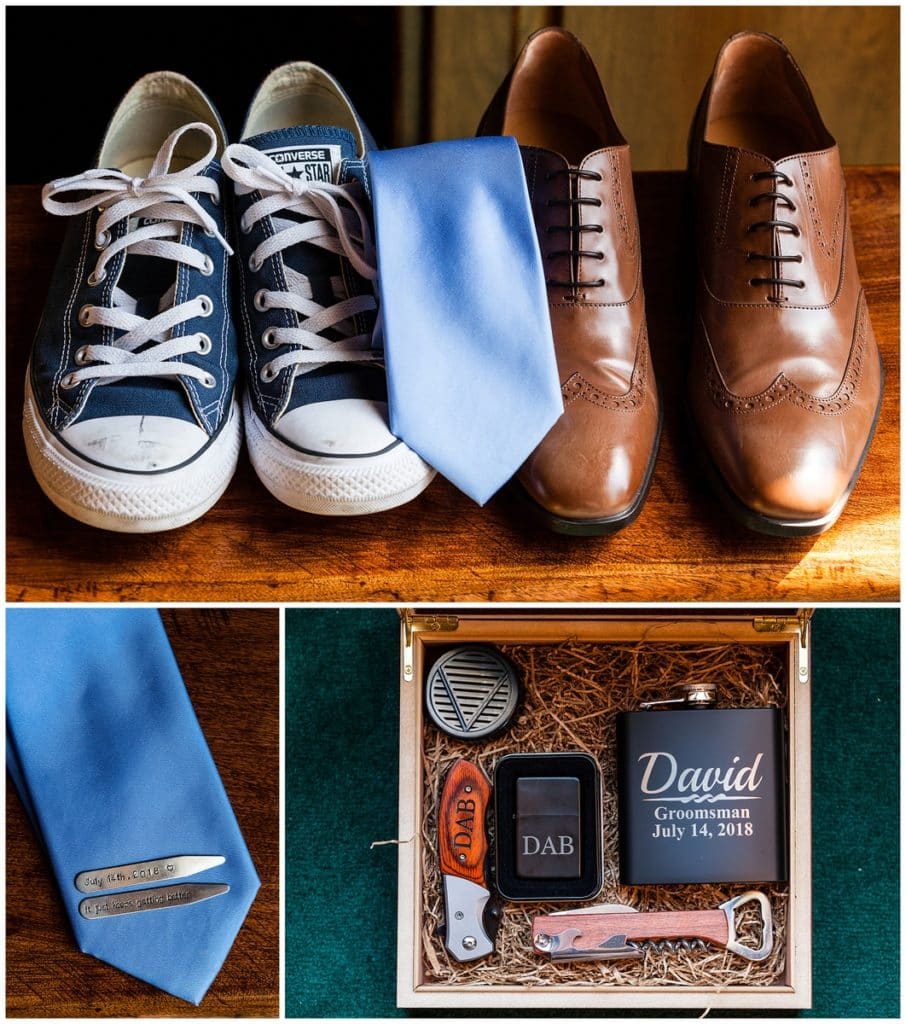 Groom accessories detail collage with converse and dress shoes, blue tie and tie clips, and groomsmen gift set with lighter, pocket knife, bottle opener, and flask