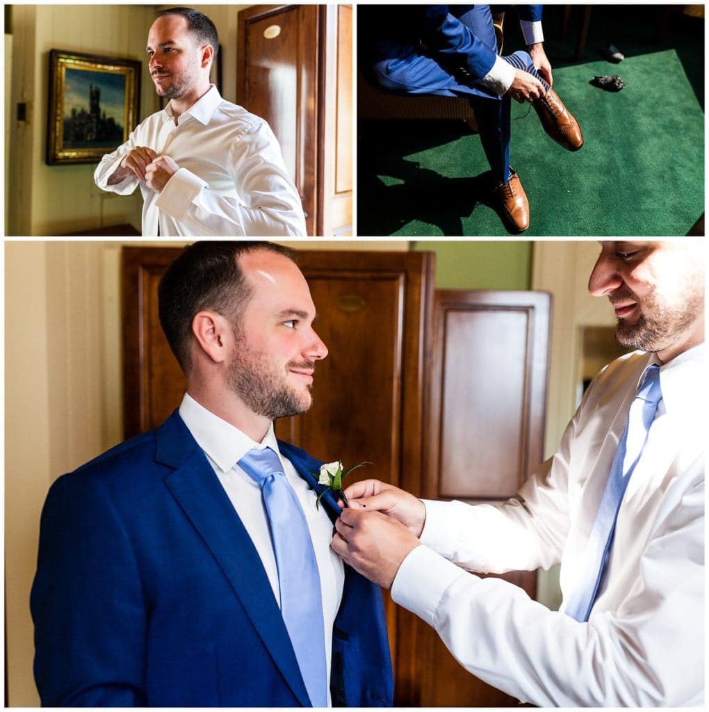 Groom getting ready collage with groomsmen pinning boutonniere on groom