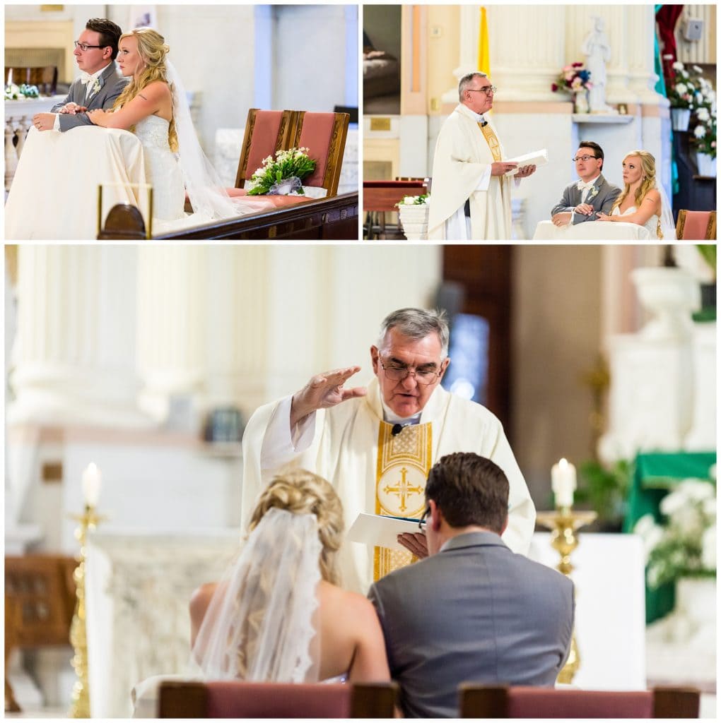 Bride and groom praying in traditional wedding ceremony at St. Thomas Aquinas church