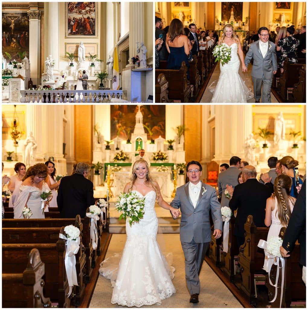 Bride and groom holding hands and walking up aisle in St. Thomas Aquinas church wedding