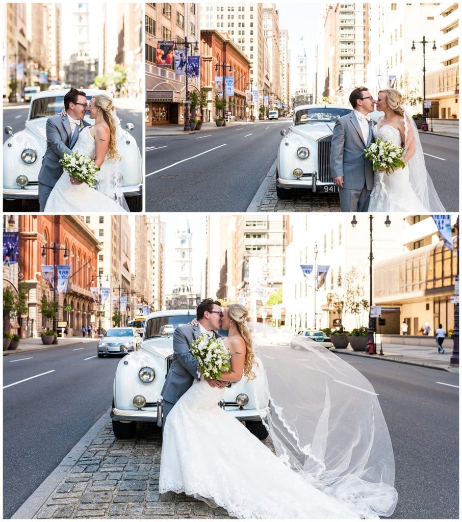 Bride and groom on Broad Street Philadelphia with long lace veil and classic car collage