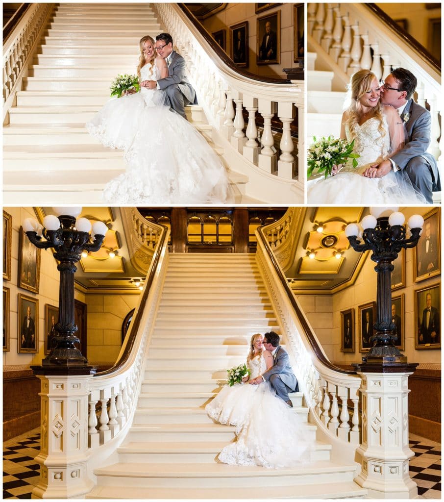 Romantic bride and groom seated on grand staircase portrait collage