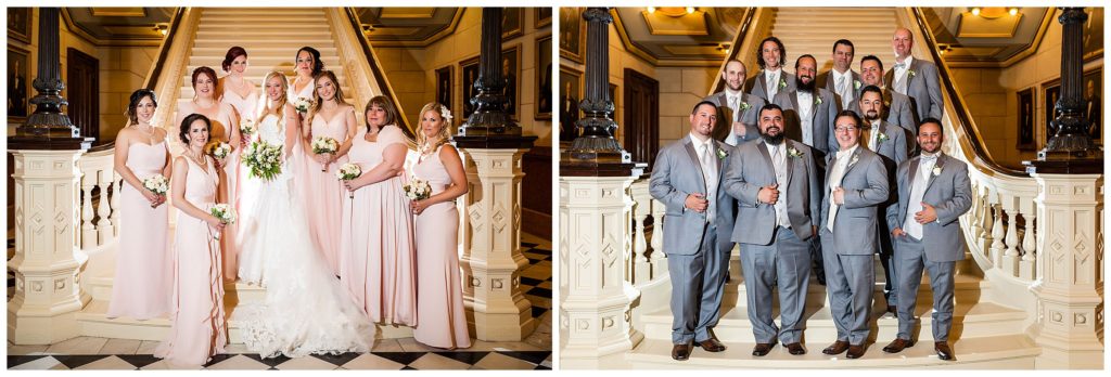 traditional bridesmaids and groomsmen portraits on grand staircase collage